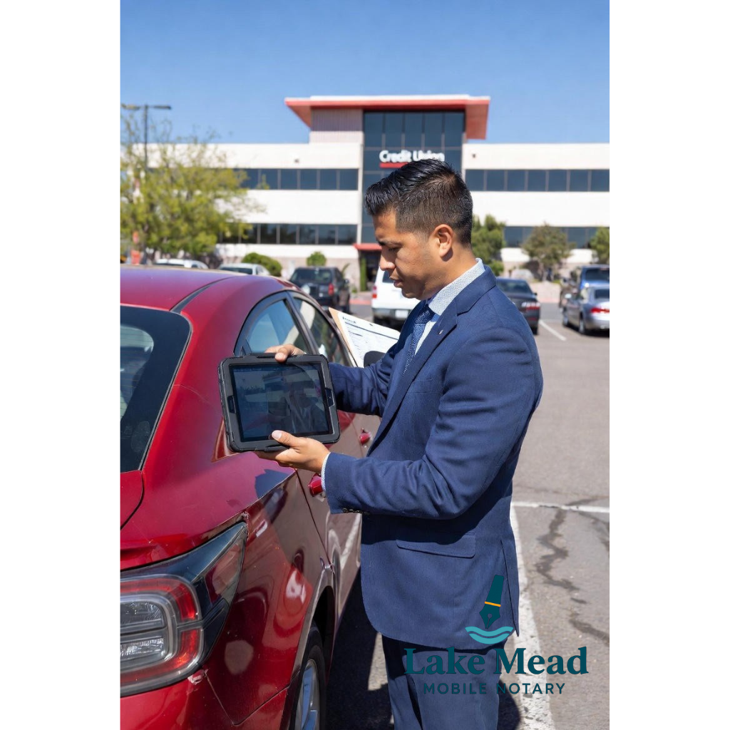 Lake Mead Mobile Notary inspector conducting vehicle collateral verification for Nevada credit union auto loan portfolio