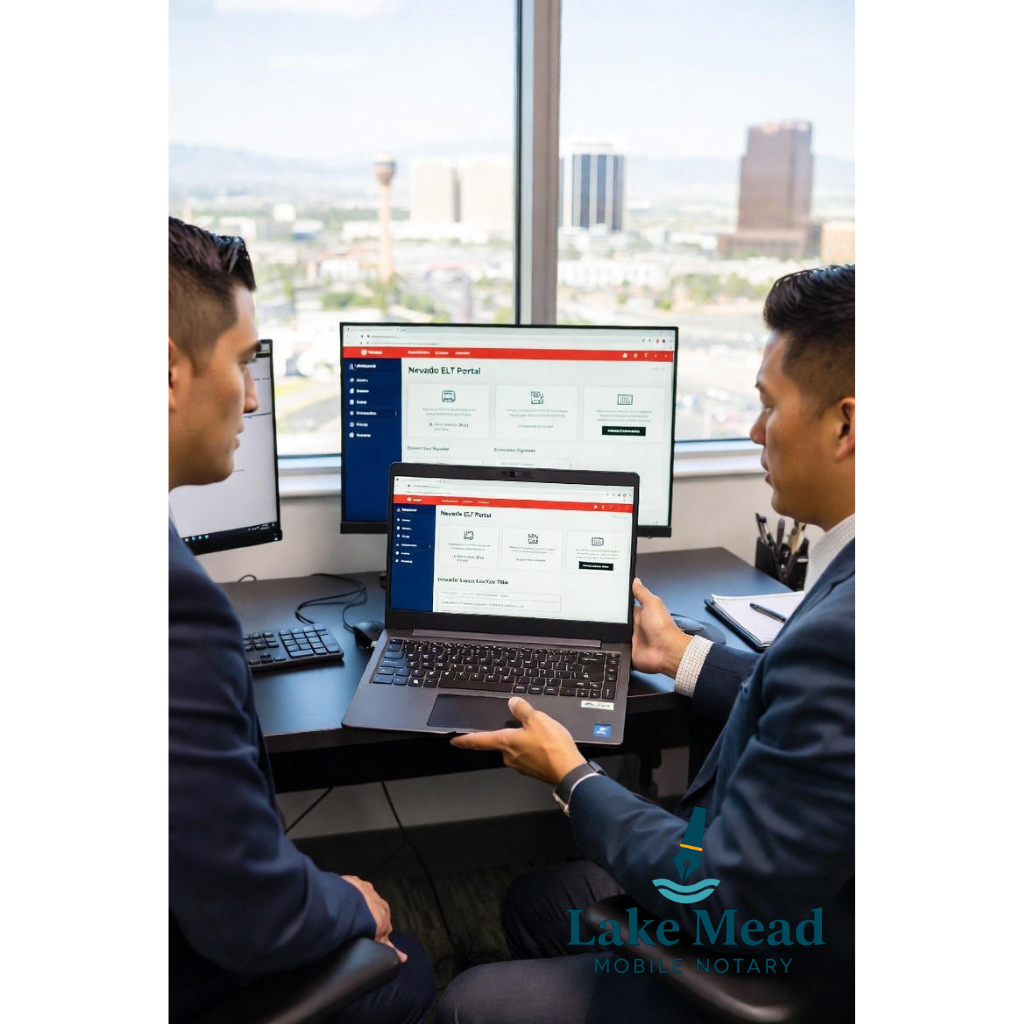  Lake Mead Mobile Notary professional explaining Nevada ELT electronic title system to auto finance lender