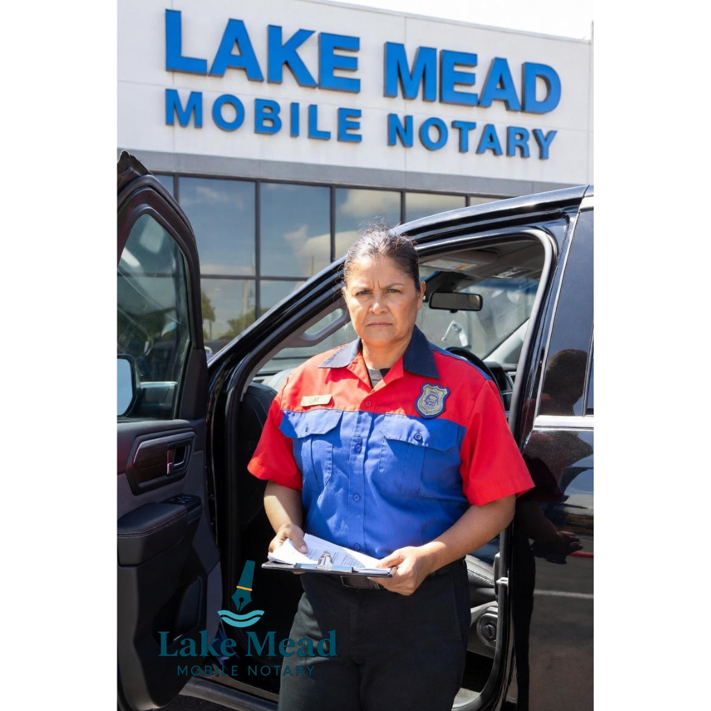 Lake Mead Mobile Notary repo agent conducting lawful vehicle repossession with proper documentation in professional Las Vegas setting