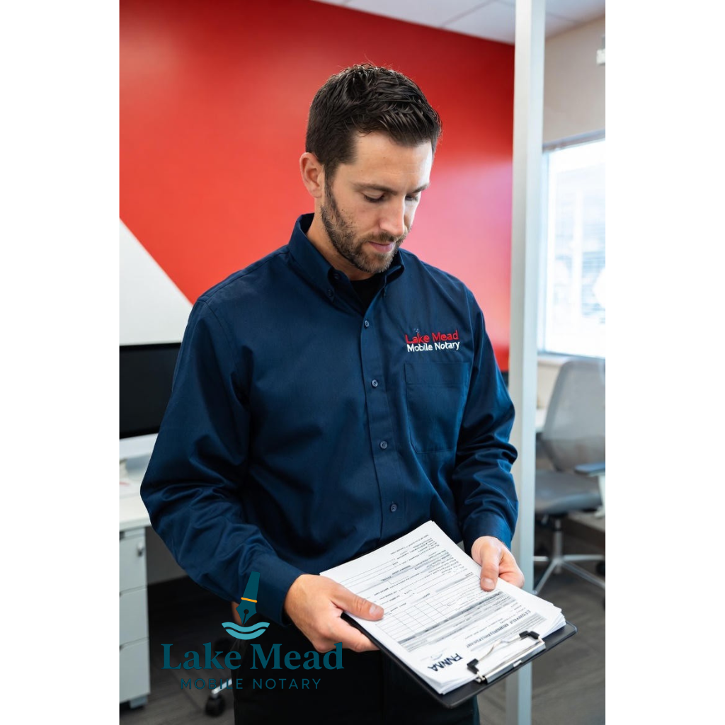 Lake Mead Mobile Notary inspector reviewing FNMA property preservation expense documentation at Nevada foreclosure