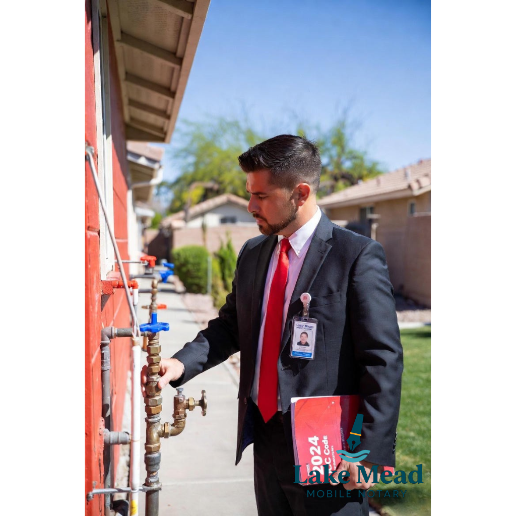Lake Mead Mobile Notary inspector with 2024 ICC code manual examining winterization systems at Clark County foreclosed property, freeze protection equipment visible