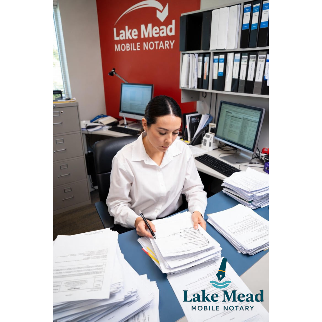 Lake Mead Mobile Notary compliance officer reviewing CFPB mortgage servicing documentation checklist with property preservation inspection reports and borrower notification letters