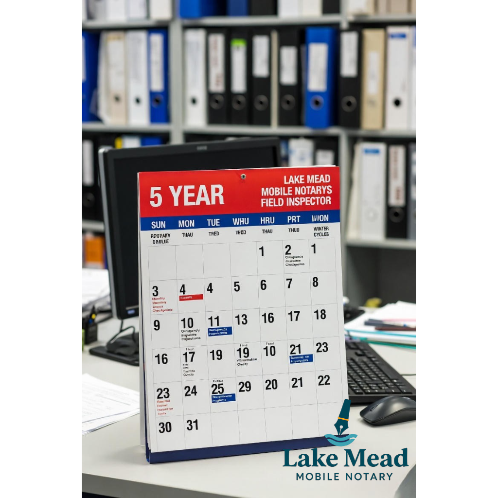  Lake Mead Mobile Notary field inspector calendar showing 5-year Nevada foreclosure timeline with recurring monthly occupancy inspection checkpoints and seasonal winterization cycles scheduled