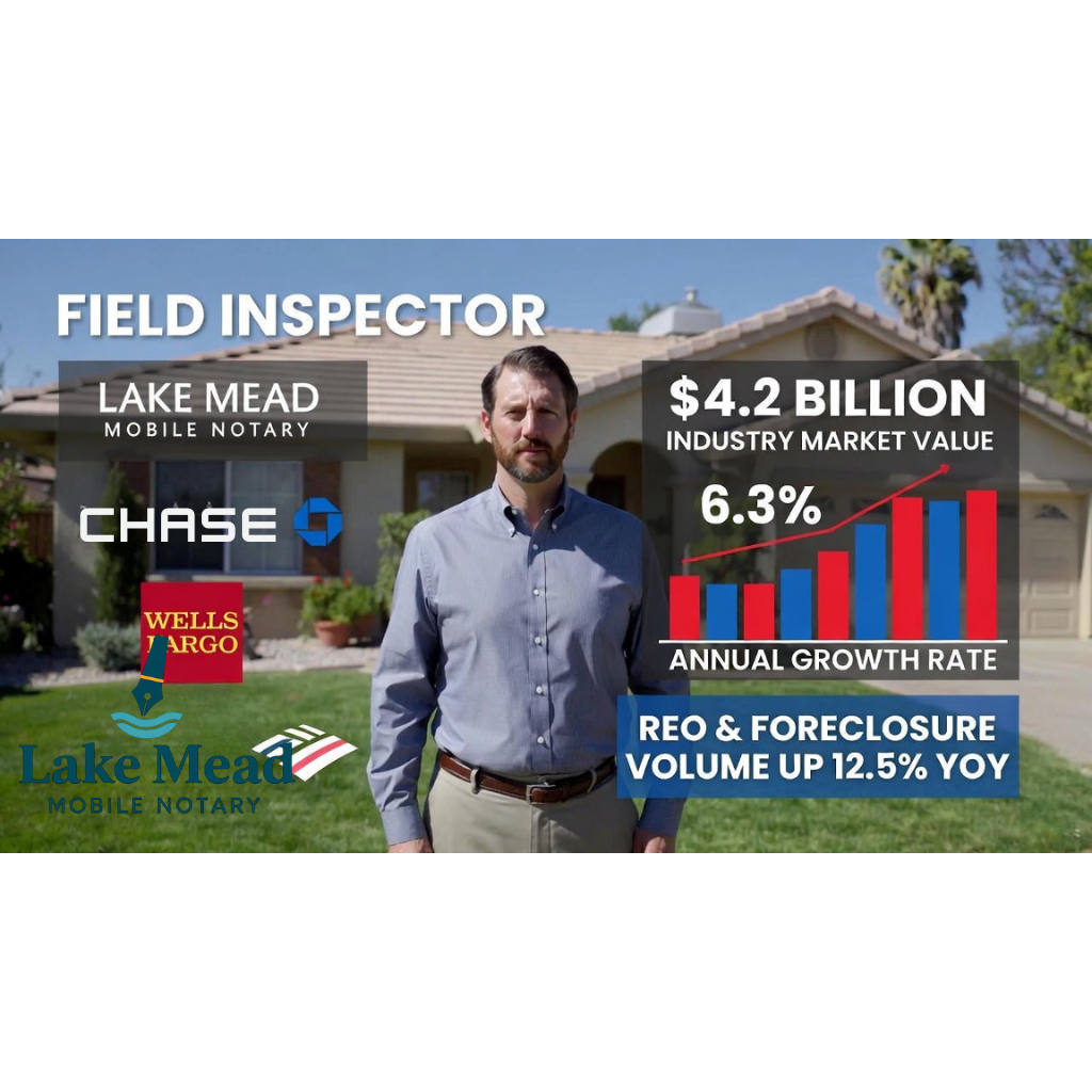 Lake Mead Mobile Notary field inspector at Nevada REO property with $4.2 billion industry market value chart overlay showing 6.3% annual growth and major bank logos recruiting vendors