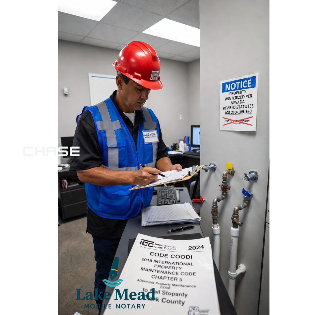Lake Mead Mobile Notary inspector winterizing Nevada foreclosed property plumbing with federal exemption notice crossed out, Clark County 2024 ICC code book visible