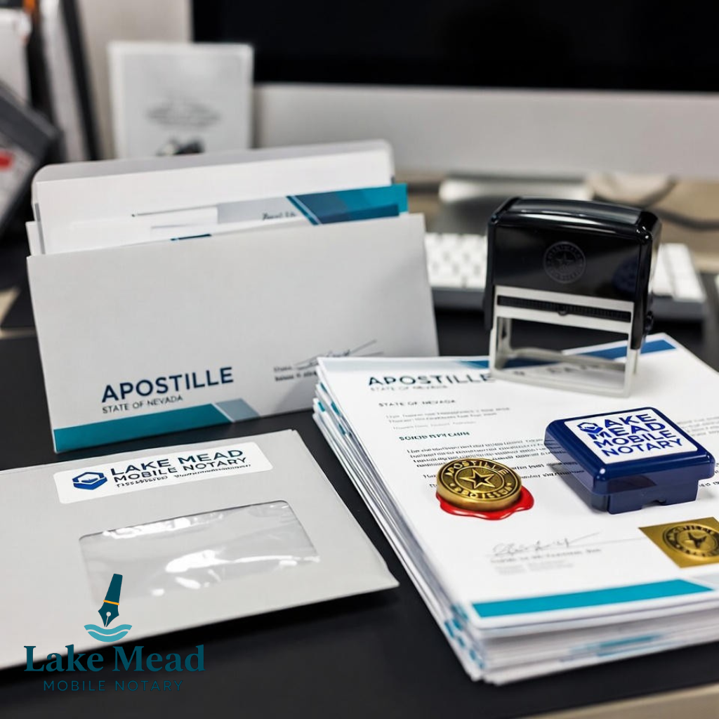 Modern Las Vegas apostille documents, stamps, and courier envelope on desk, blue-teal branding, Lake Mead Mobile Notary, sharp lighting