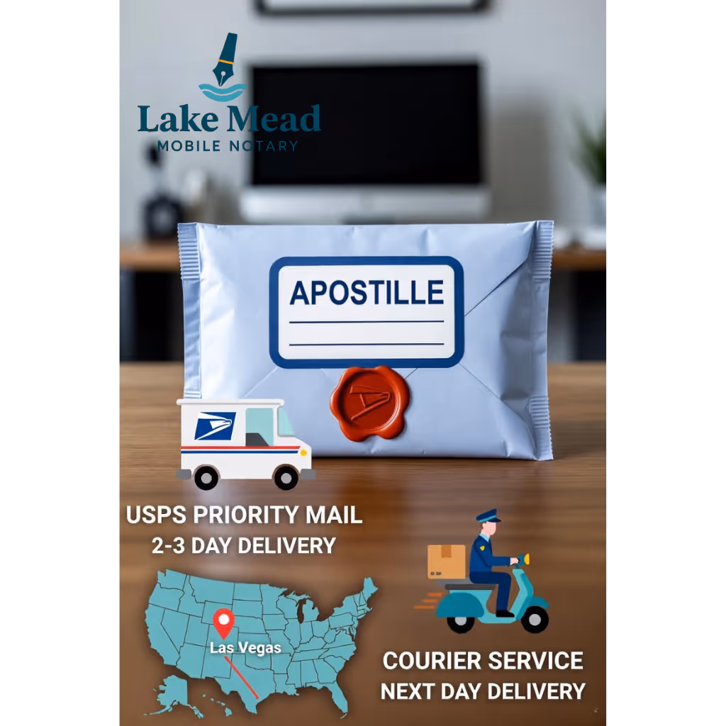 Apostille shipping and delivery options scene, sealed envelope with apostille documents, USPS and courier icons, map from Las Vegas, blue-teal Lake Mead Mobile Notary branding, clean professional layout