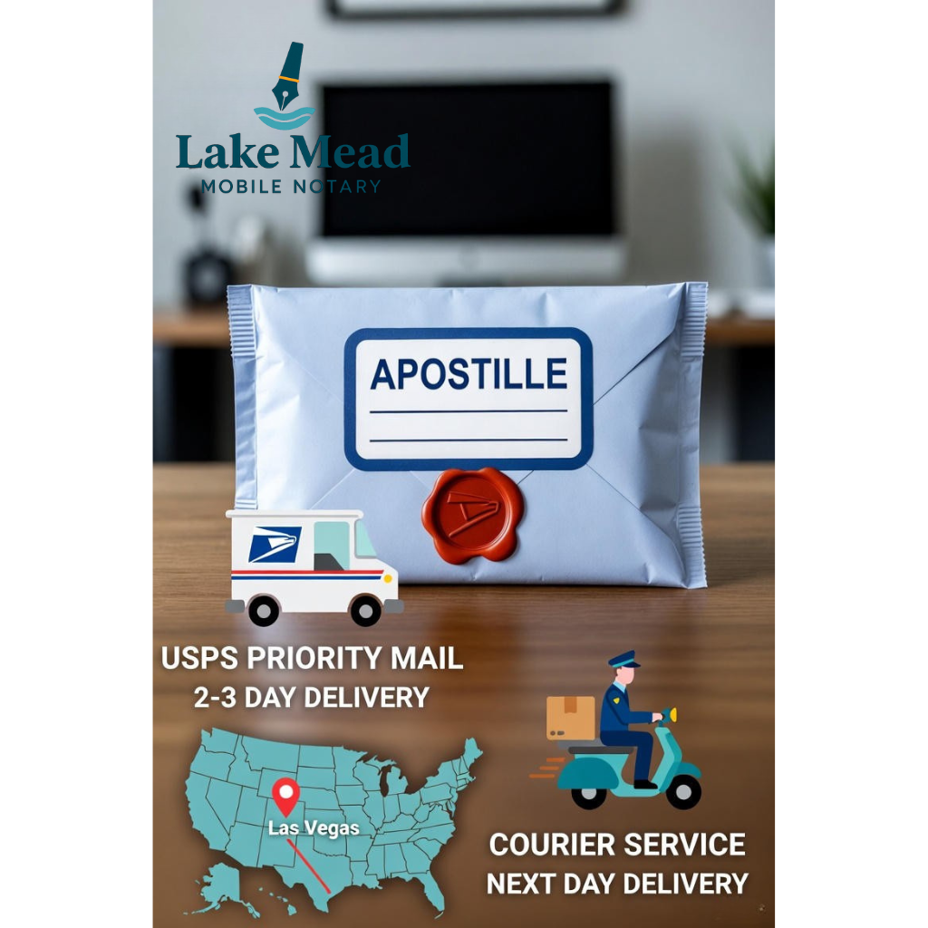 Apostille shipping and delivery options scene, sealed envelope with apostille documents, USPS and courier icons, map from Las Vegas, blue-teal Lake Mead Mobile Notary branding, clean professional layout