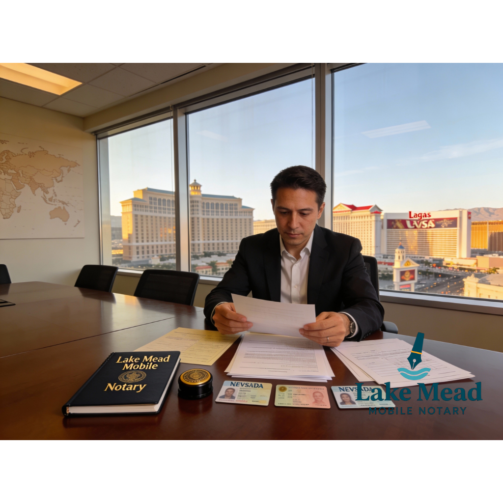 Professional mobile notary reviewing Nevada and out of state documents at a conference table in downtown Las Vegas skyline visible through the window Lake Mead Mobile Notary journal stamp and Nevada IDs on the table subtle world map on wall cinematic light