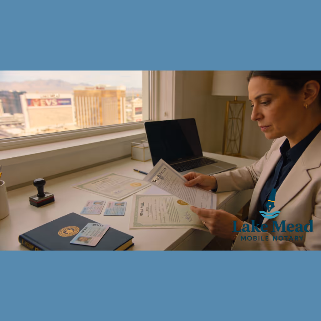 Nevada vital records apostille scene inside a modern Las Vegas home office, professional notary from Lake Mead Mobile Notary reviewing Nevada birth, marriage, and death certificates on a desk with Nevada IDs and a notary journal visible