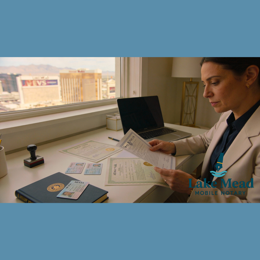 Nevada vital records apostille scene inside a modern Las Vegas home office, professional notary from Lake Mead Mobile Notary reviewing Nevada birth, marriage, and death certificates on a desk with Nevada IDs and a notary journal visible