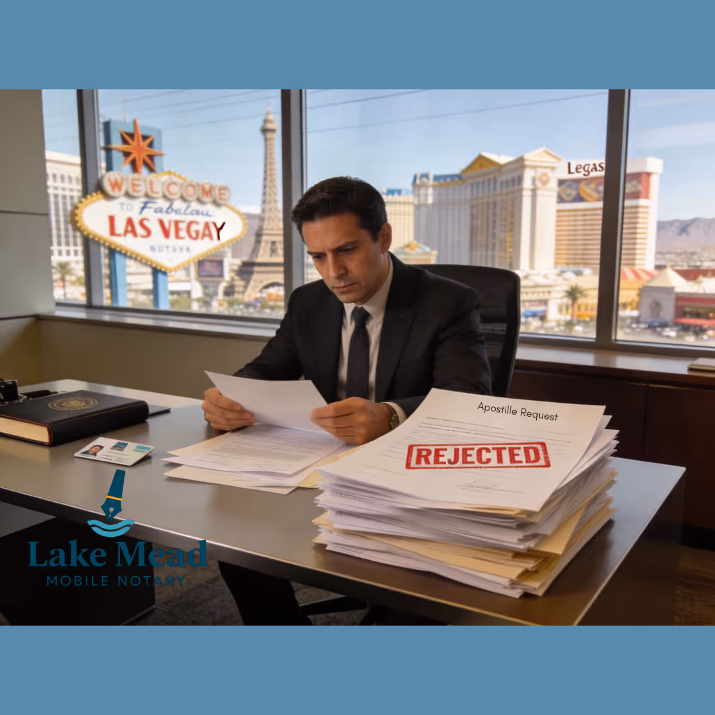 Nevada apostille rejection scene in a modern Las Vegas office, Lake Mead Mobile Notary professional reviewing returned documents with red rejection stamp visible on a Nevada apostille request, Las Vegas skyline through the window