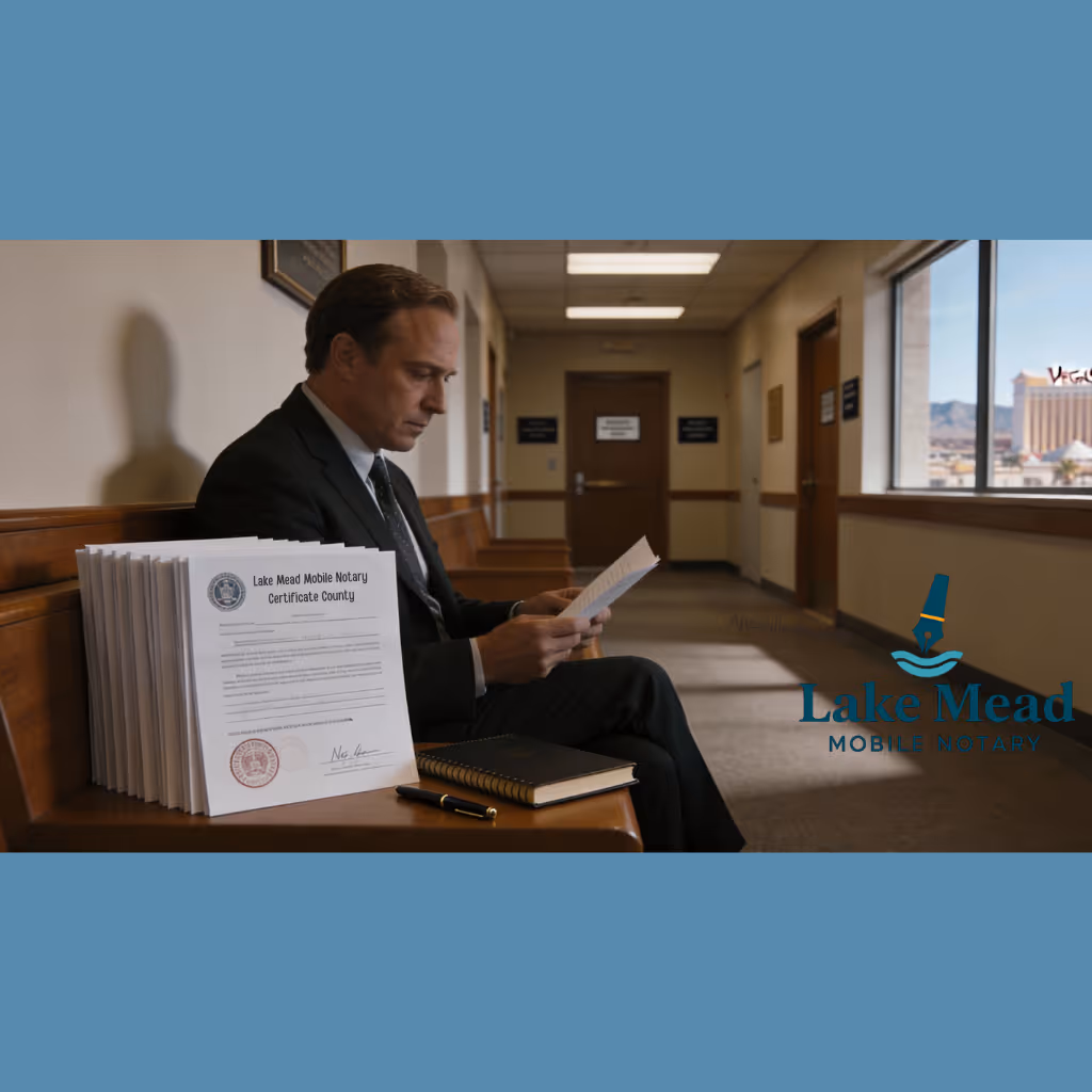 Nevada family law court apostille scene inside a Clark County style courtroom hallway, Lake Mead Mobile Notary professional reviewing certified divorce, custody, and adoption decrees on a bench with Nevada court seals visible on the documents