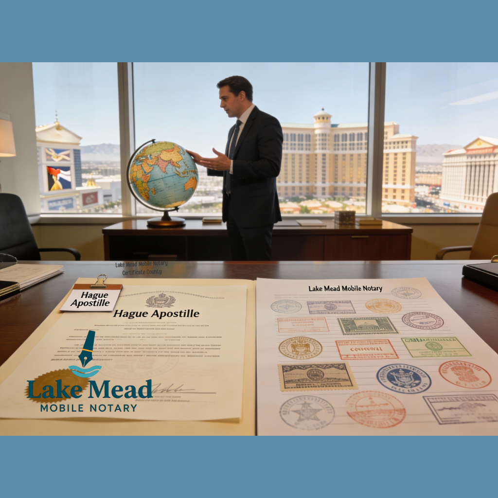 Side by side comparison scene showing a Hague apostille certificate on one side and embassy legalization stamps on the other, Lake Mead Mobile Notary professional pointing to a globe with Europe and the Middle East visible, modern Las Vegas office
