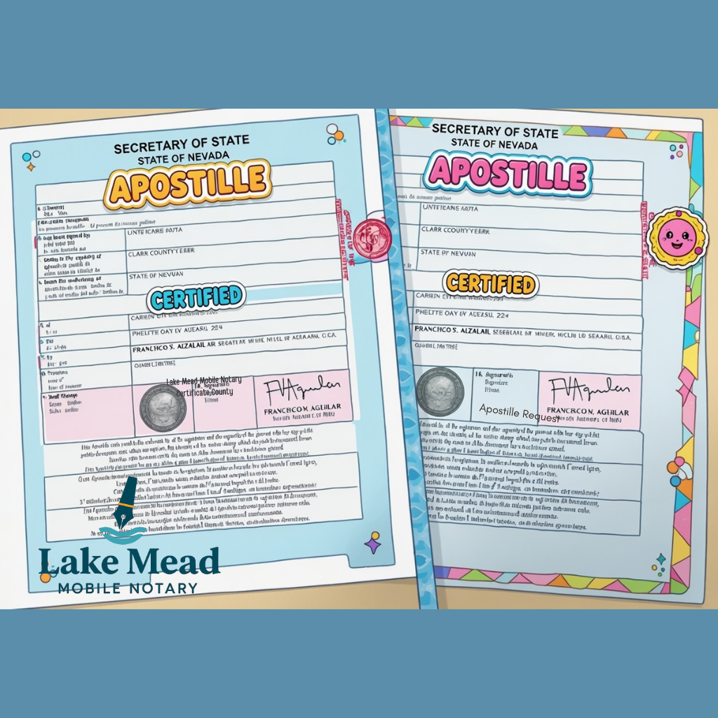 Fun cartoon Nevada Apostille docs with colorful fonts & stickers by Lake Mead Mobile Notary.
