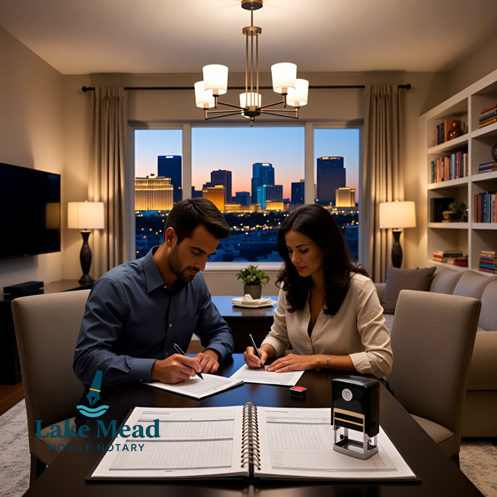 Evening mobile notary appointment in a modern Henderson living room with a couple signing documents at the table while a bank building skyline of Las Vegas is visible through the window, professional notary journal and stamp in the foreground