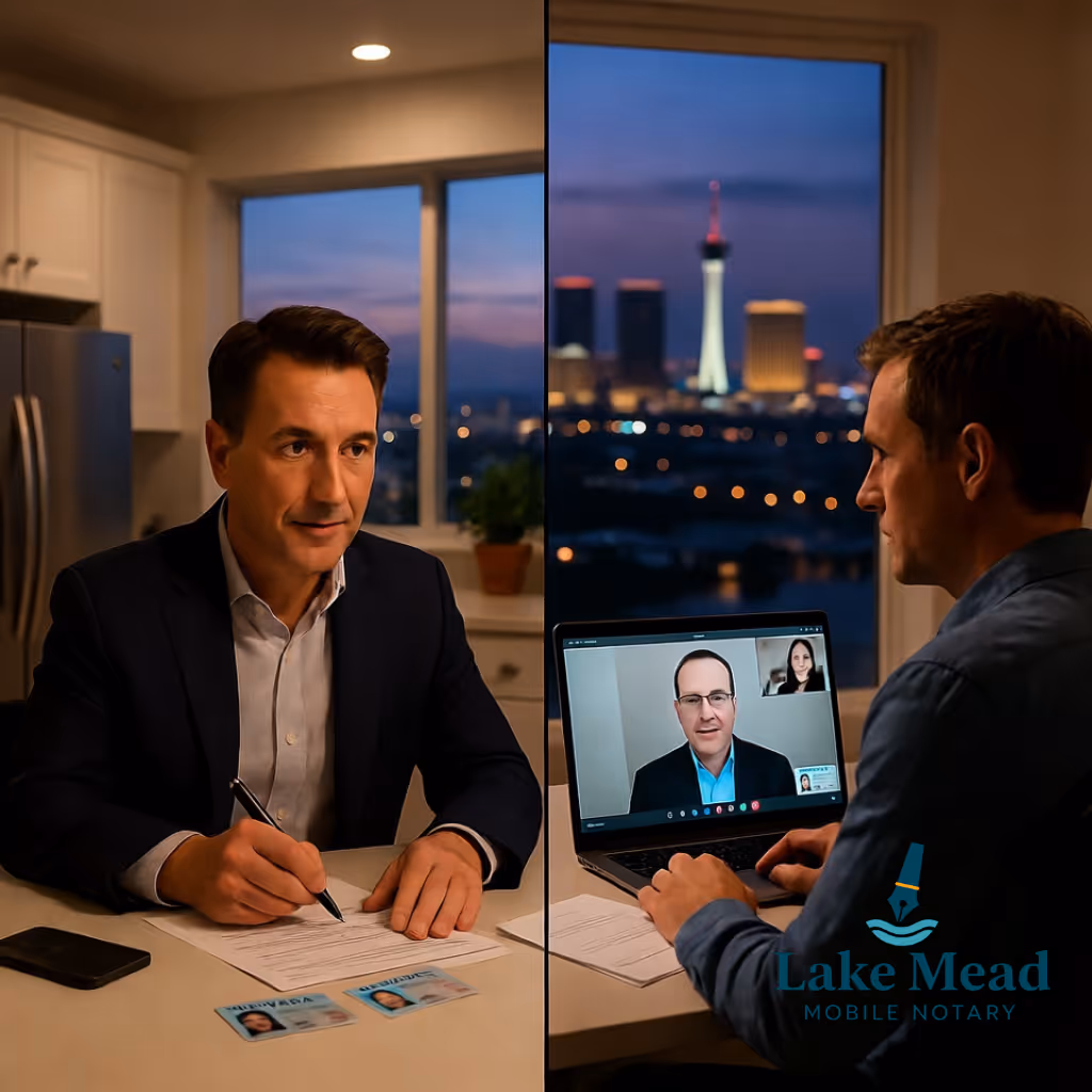 Evening notarization scene split into two halves in Las Vegas one side shows a mobile notary at a kitchen table with papers and Nevada IDs, the other side shows a signer on a laptop in a video call with a Nevada notary