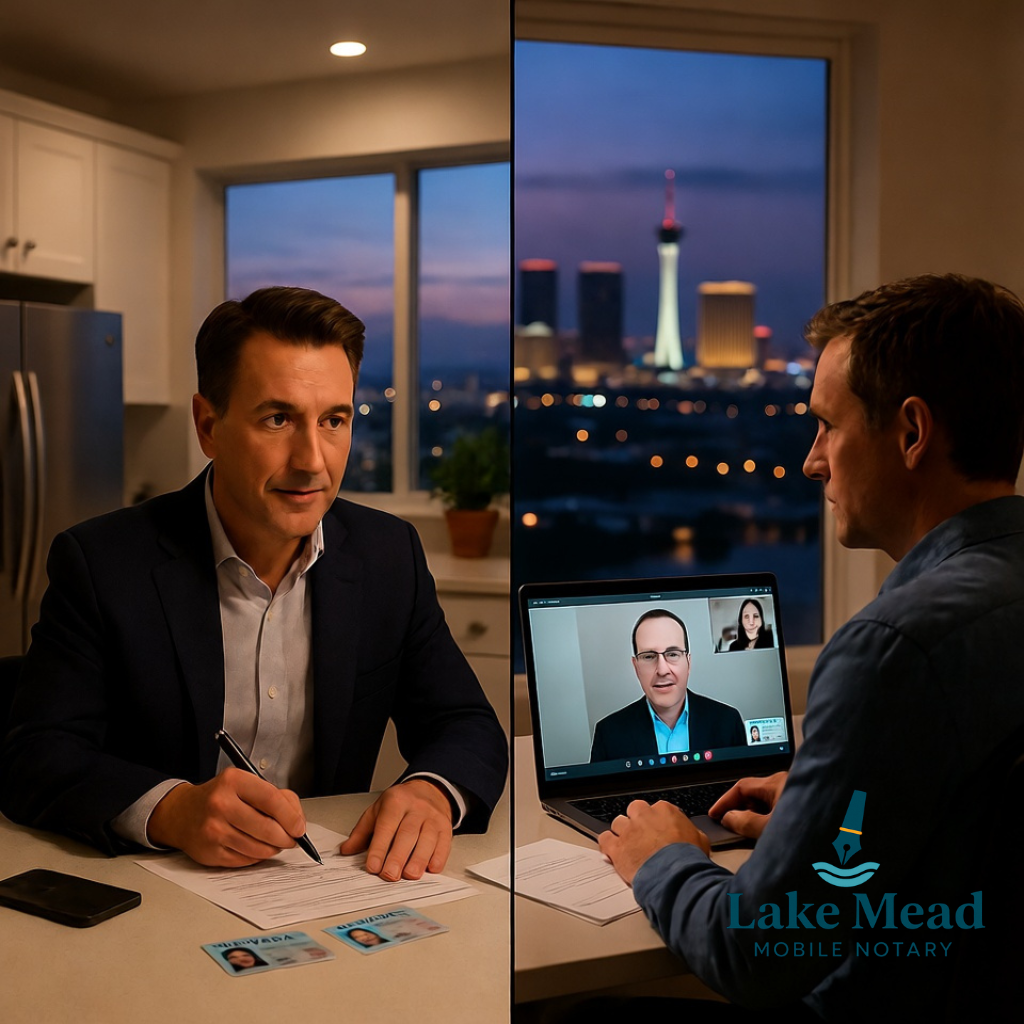 Evening notarization scene split into two halves in Las Vegas one side shows a mobile notary at a kitchen table with papers and Nevada IDs, the other side shows a signer on a laptop in a video call with a Nevada notary