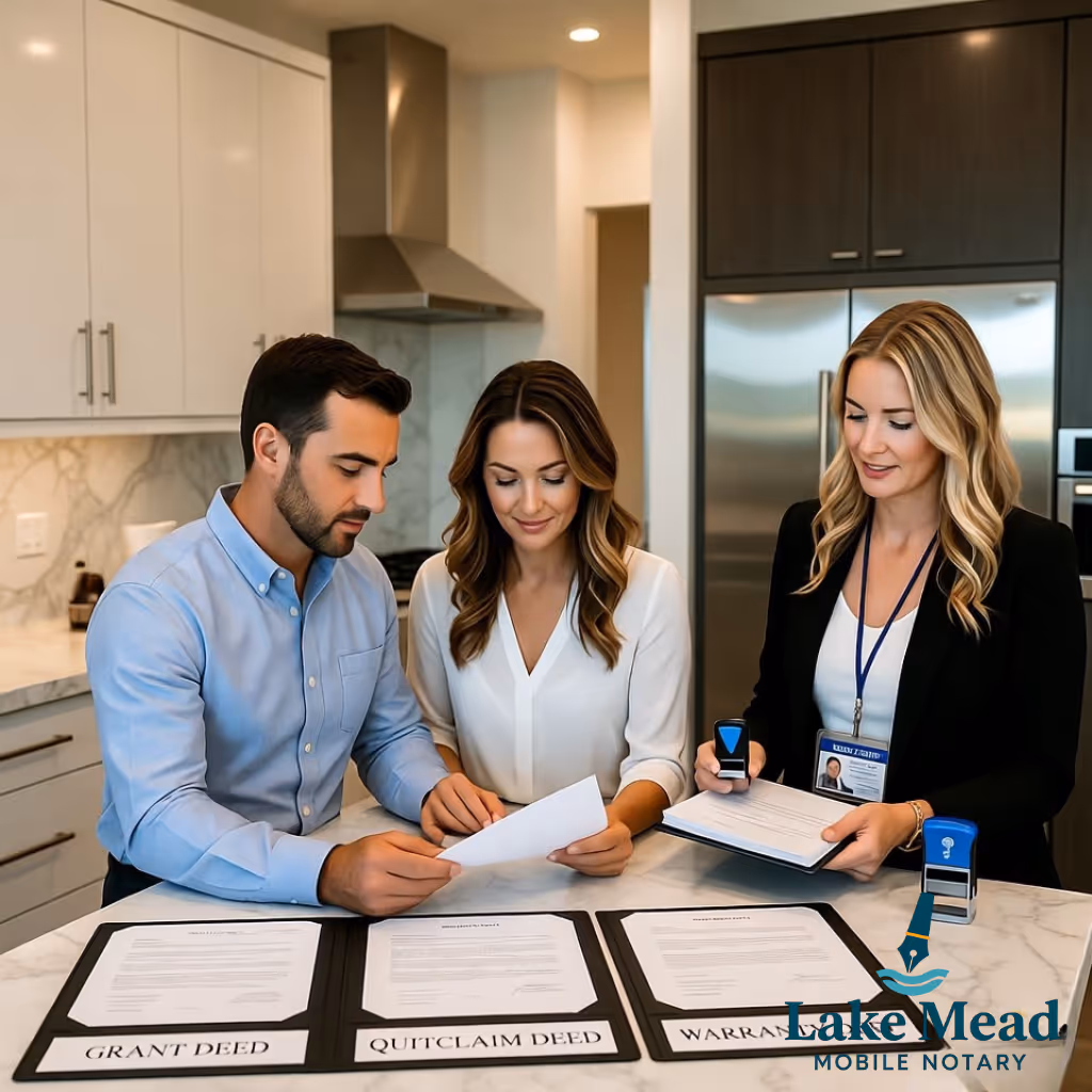 Professional Nevada deed comparison signing scene inside a modern Las Vegas home, couple seated at kitchen island reviewing grant deed, quitclaim deed, and warranty deed side‑by‑side with labeled folders, mobile notary from Lake Mead Mobile Notary