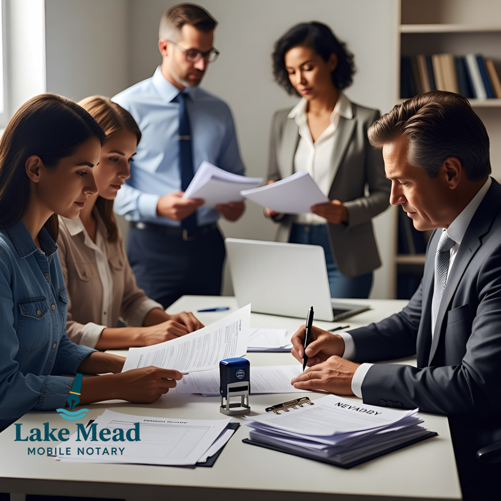 Lake Mead Mobile notary professional notarizing mortgage loan closing documents at Henderson closing table with two real estate agents reviewing deed and settlement statement