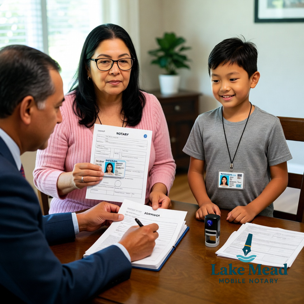 Nevada grandparent and grandchild at dining table reviewing notarized temporary guardianship form with lake mead mobile notary