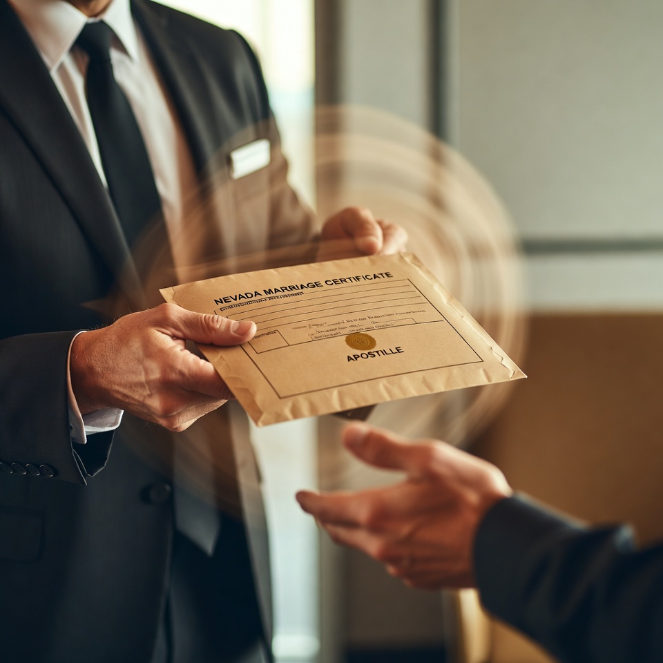 las vegas wedding officiant handing off a 4-hour rush Nevada apostille package for a certified marriage certificate to a courier