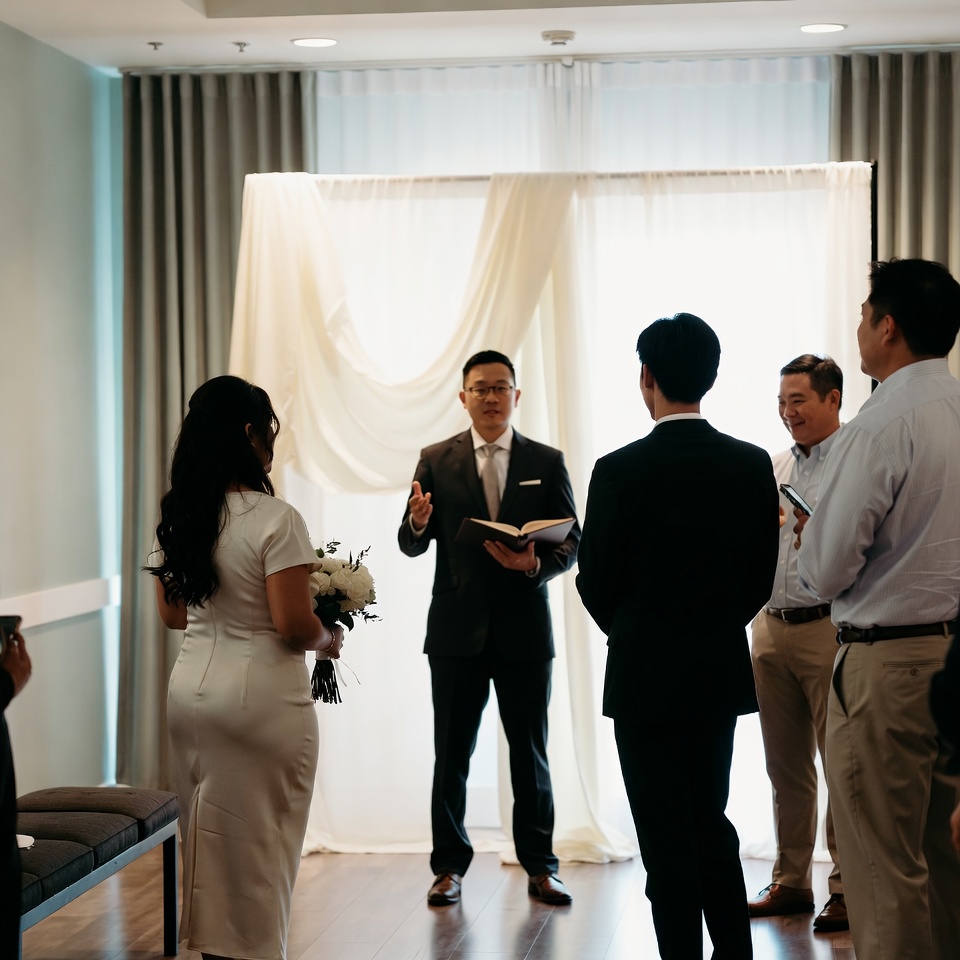 las vegas wedding officiant guiding a couple and their wedding party through a rehearsal before the ceremony