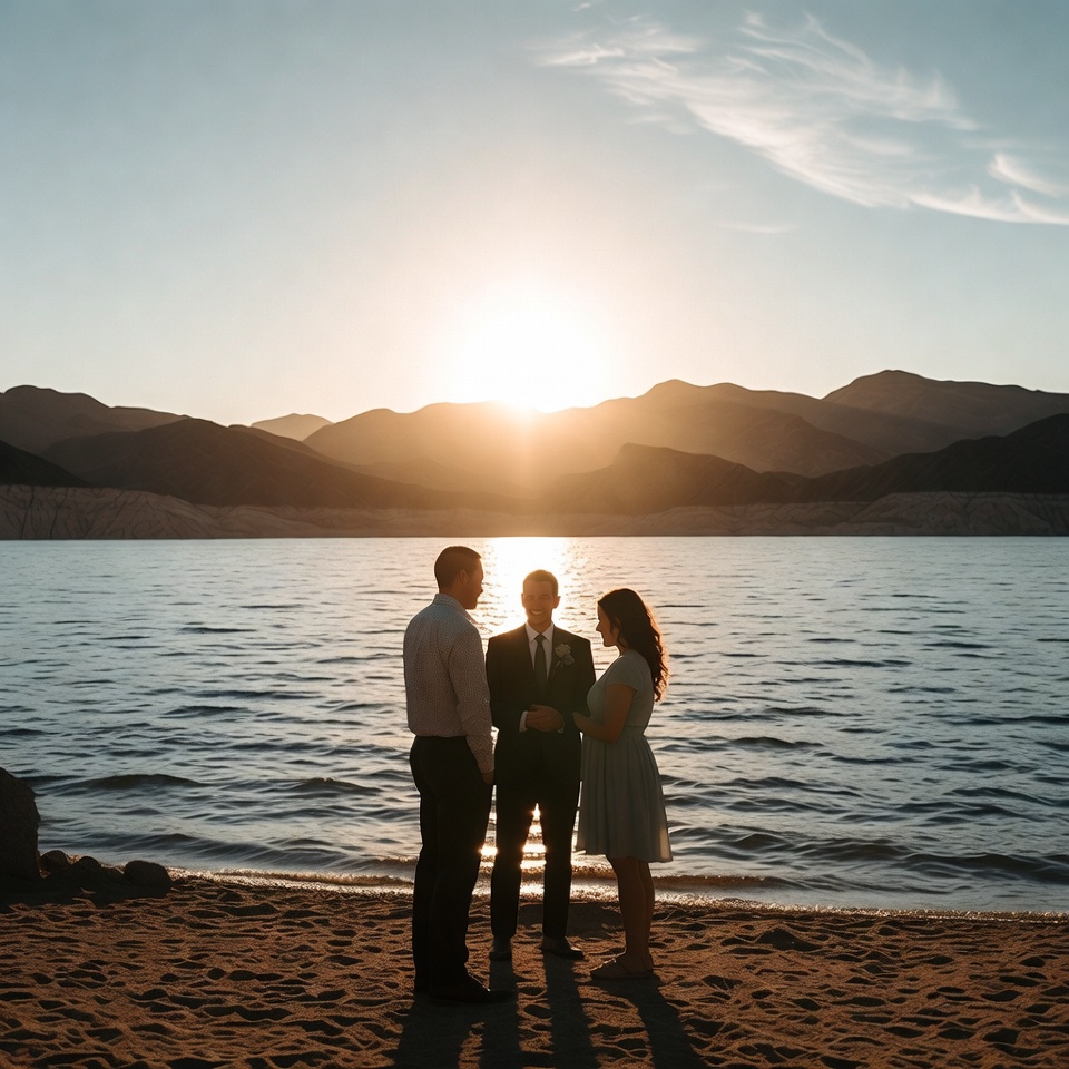 las vegas wedding officiant performing a lakeside sunset ceremony for a couple at boulder beach on lake mead with water and desert mountains in the background
