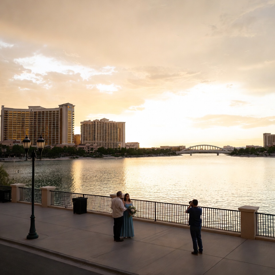 las vegas wedding officiant performing a romantic lakeside ceremony for a couple at lake las vegas with resort buildings and a bridge in the background