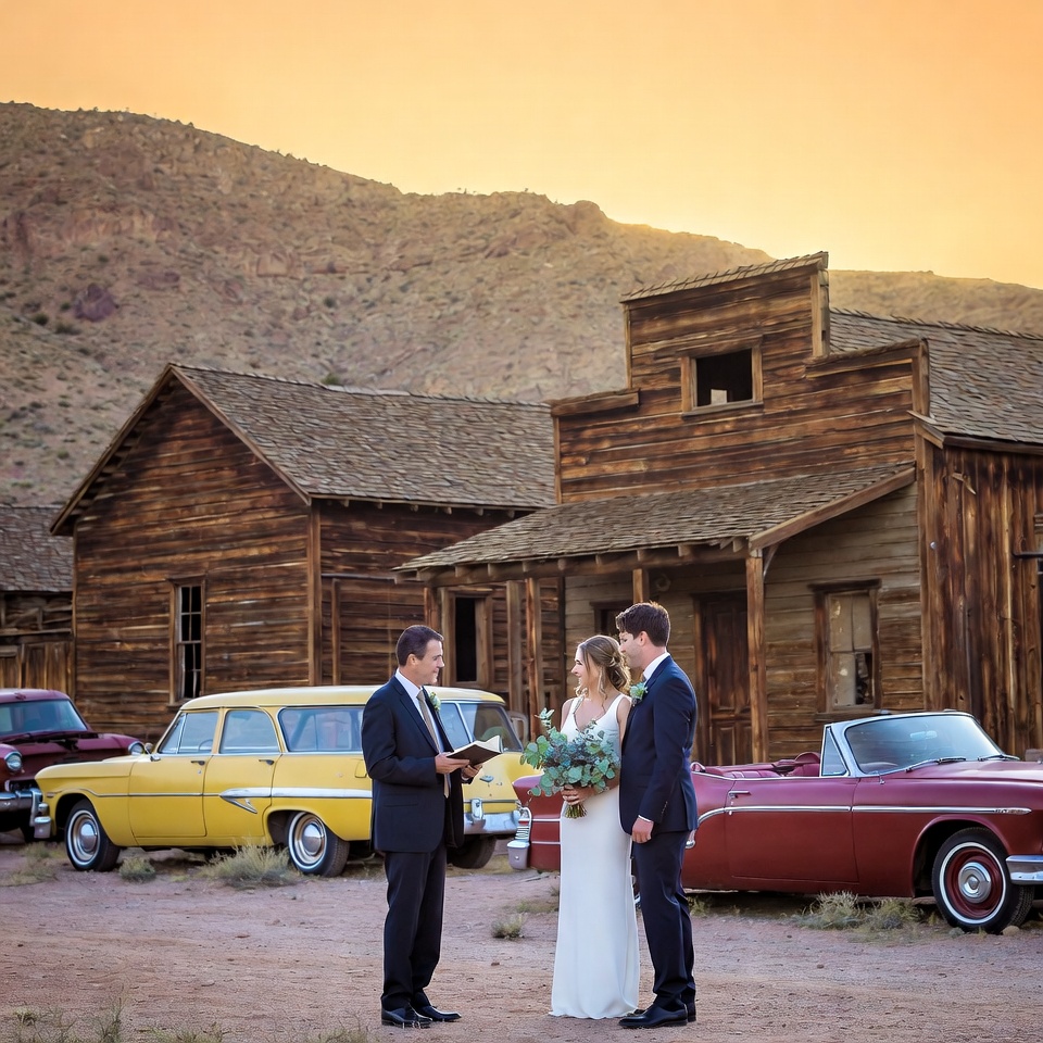las vegas wedding officiant performing a rustic desert ceremony for a couple at nelson ghost town in eldorado canyon with vintage buildings and cars in the background