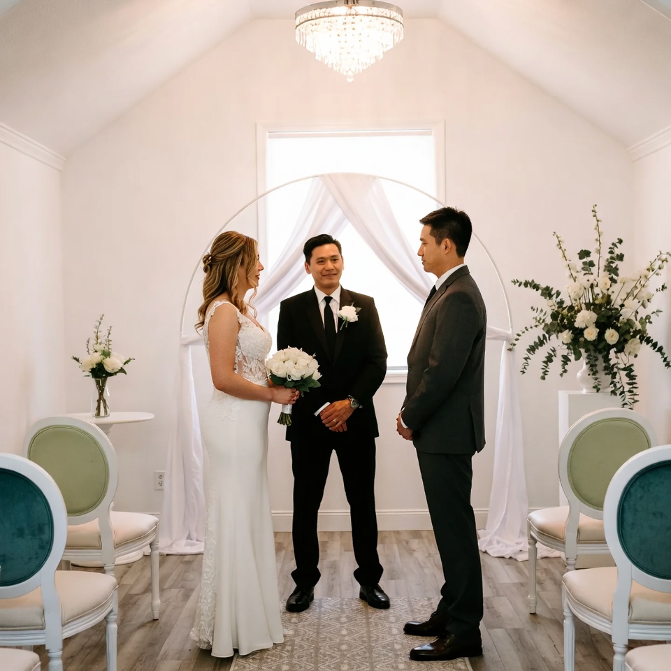 las vegas wedding officiant leading a ceremony for a couple inside a modern wedding chapel near the las vegas strip