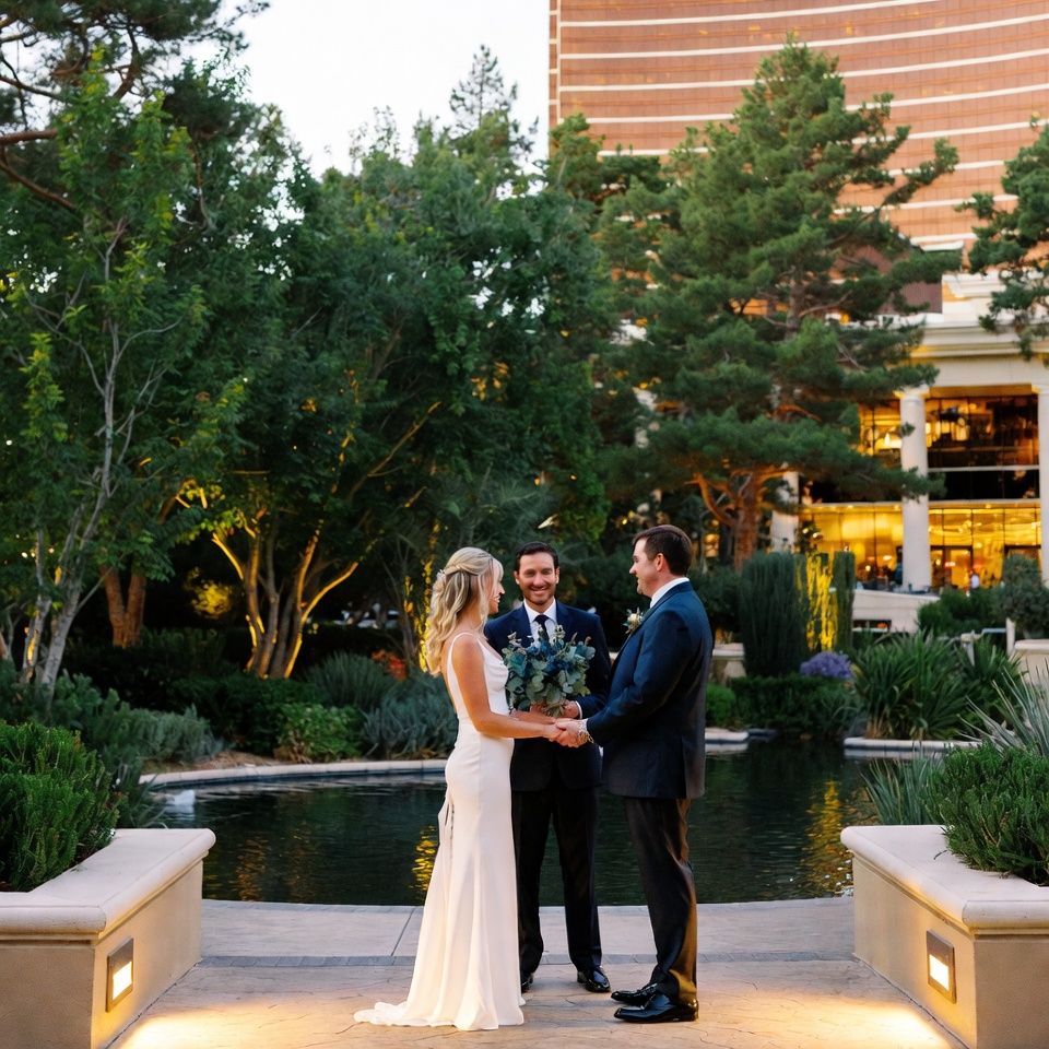 las vegas wedding officiant performing a small outdoor ceremony for a couple on the landscaped grounds of wynn encore