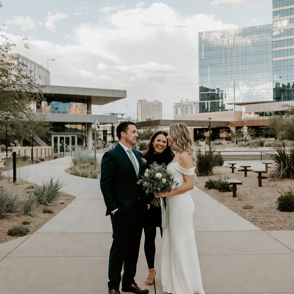 las vegas wedding officiant performing a modern outdoor ceremony for a couple at symphony park in downtown las vegas