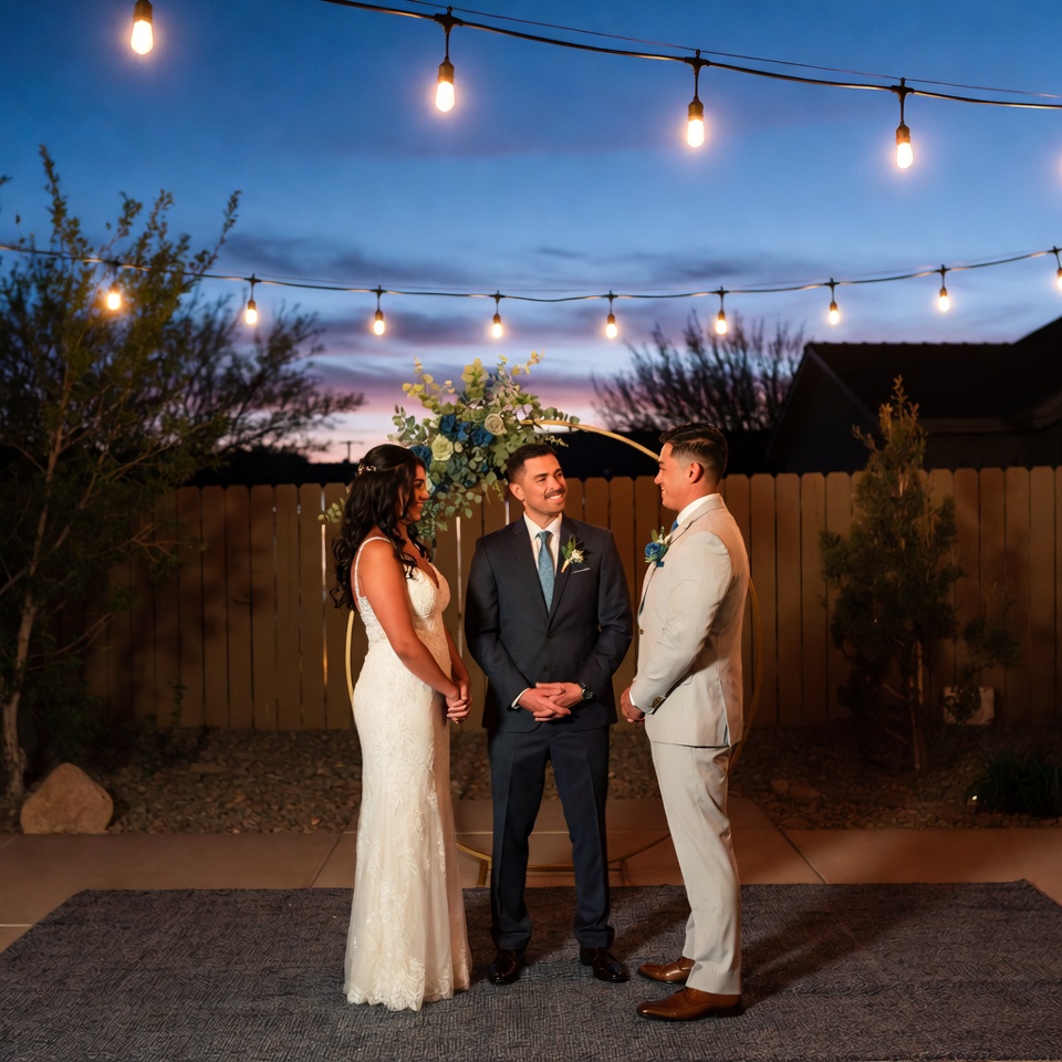las vegas wedding officiant performing an intimate backyard wedding ceremony for a couple at a private home
