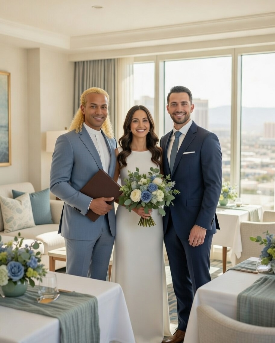 las vegas wedding officiant leading a small wedding ceremony for a couple in a Las Vegas hotel room with soft dusty blue and sage details