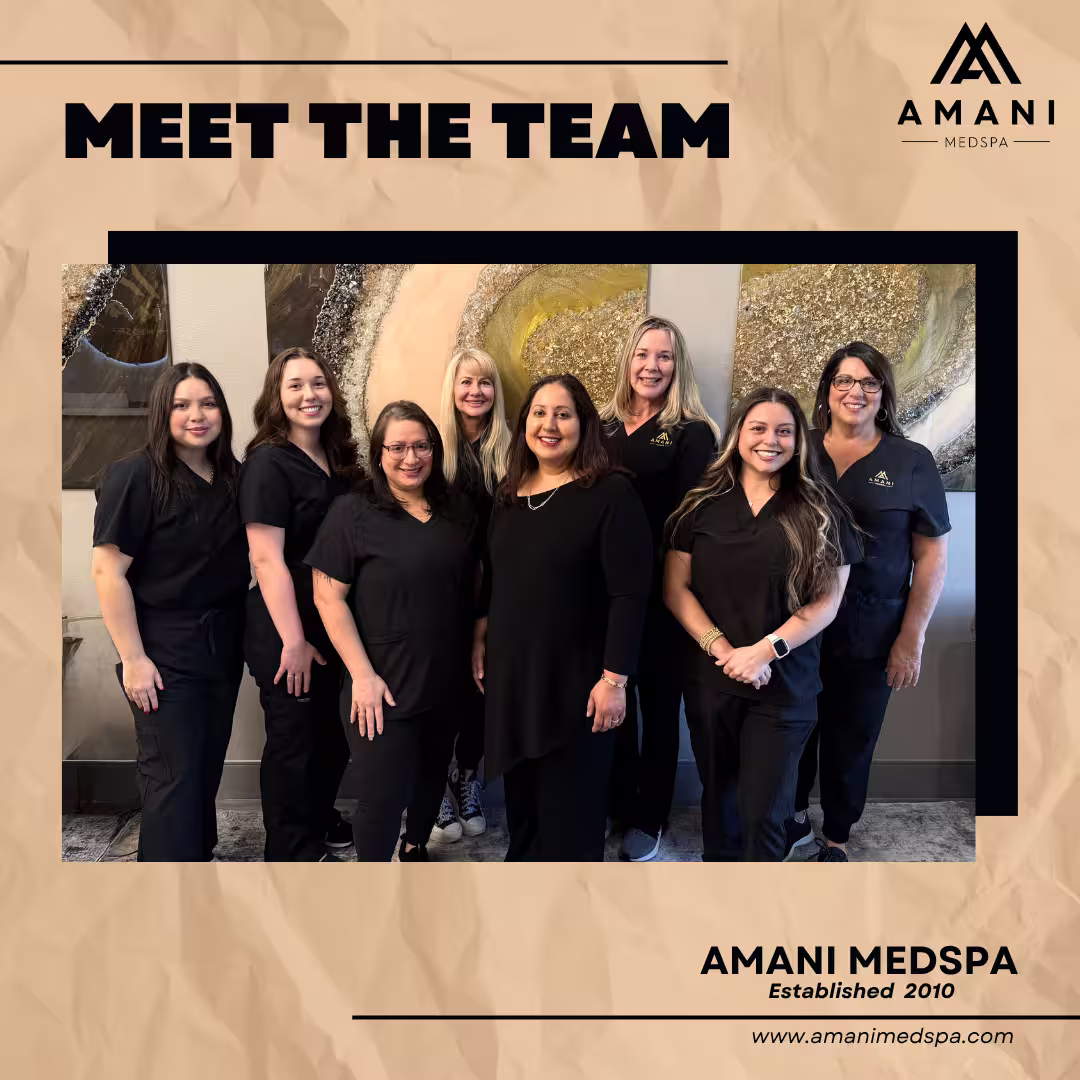 Black circular sign with gold letters spelling AMANI MEDSPA and a geometric double M logo above, with yellow orchids on the lower right.