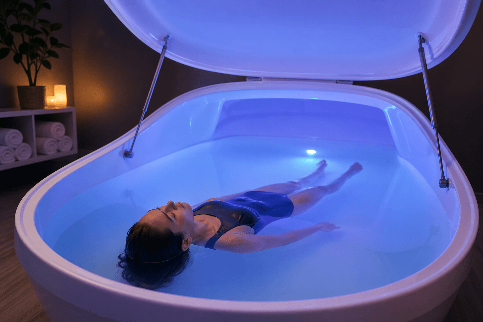 Woman relaxing during float therapy session in a float tank at Amani Med Spa in Valrico, Florida