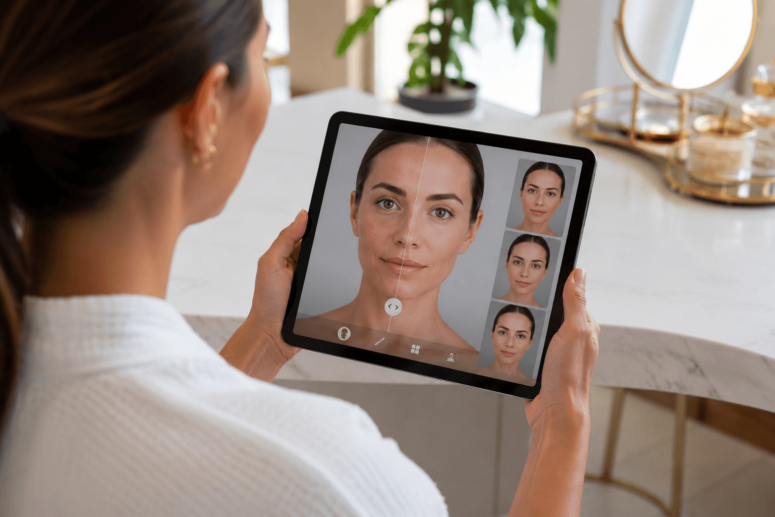 Patient using Ageless AI to explore personalized cosmetic treatment options for skin concerns at Amani Med Spa in St. Petersburg, Florida.