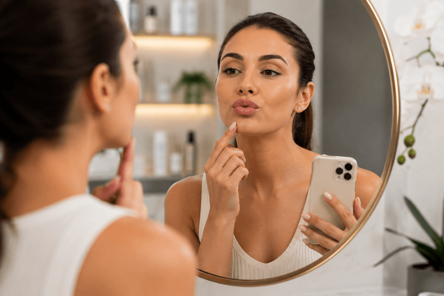 Close up comparison of natural lip shape versus overfilled duck lips in St. Petersburg, Florida