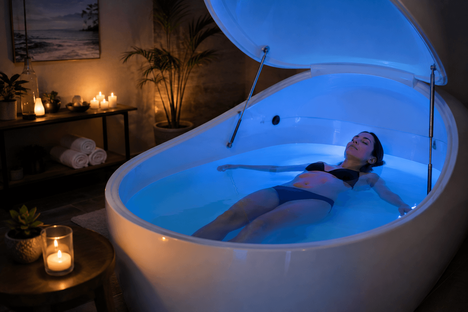 Woman relaxing during a float therapy session at a med spa in Valrico, Florida