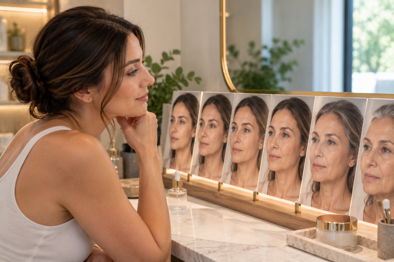 Visual facial aging timeline showing skin changes by decade for a patient in St. Petersburg, Florida
