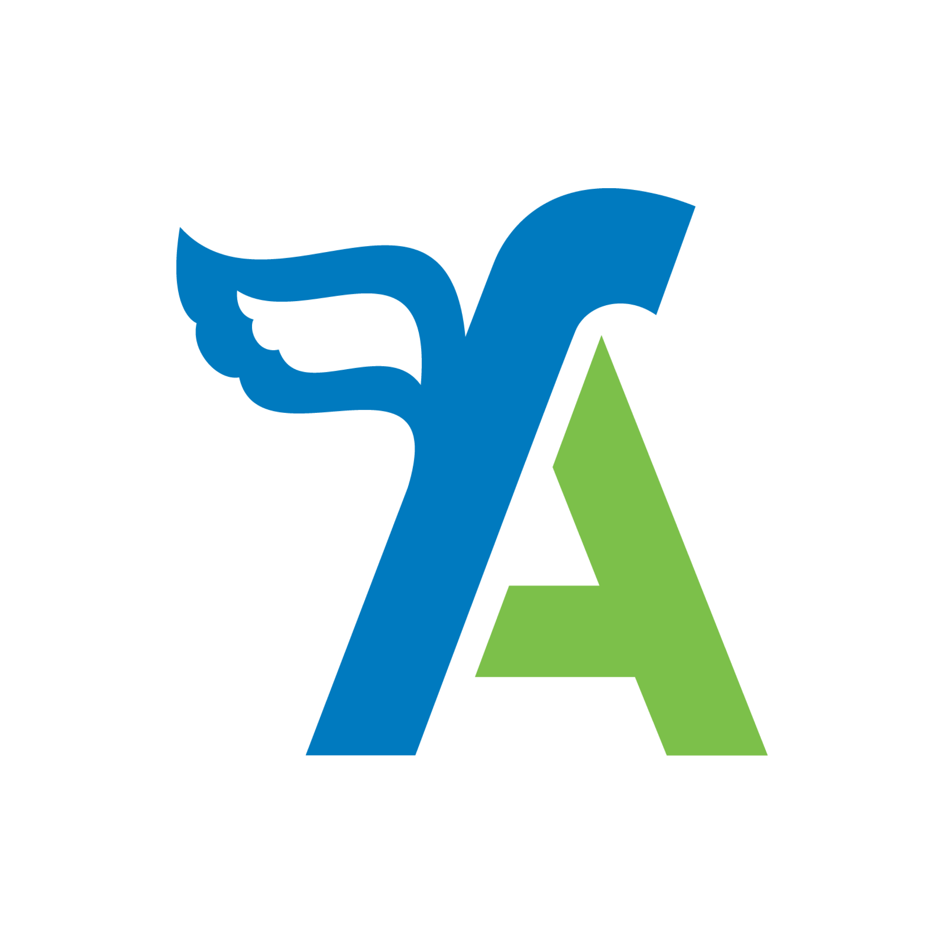 A blue letter 'Y' with a wing overlaps a green letter 'A' on a white background.