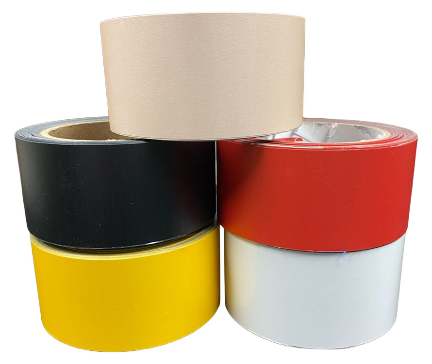 2 inch rolls of peel safe game line tape in beige, black, red, white and yellow