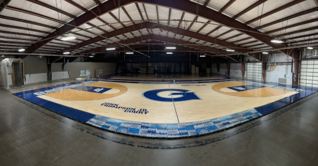 Georgetown University's basketball floor inside The Ohio Floor Company's warehouse.  