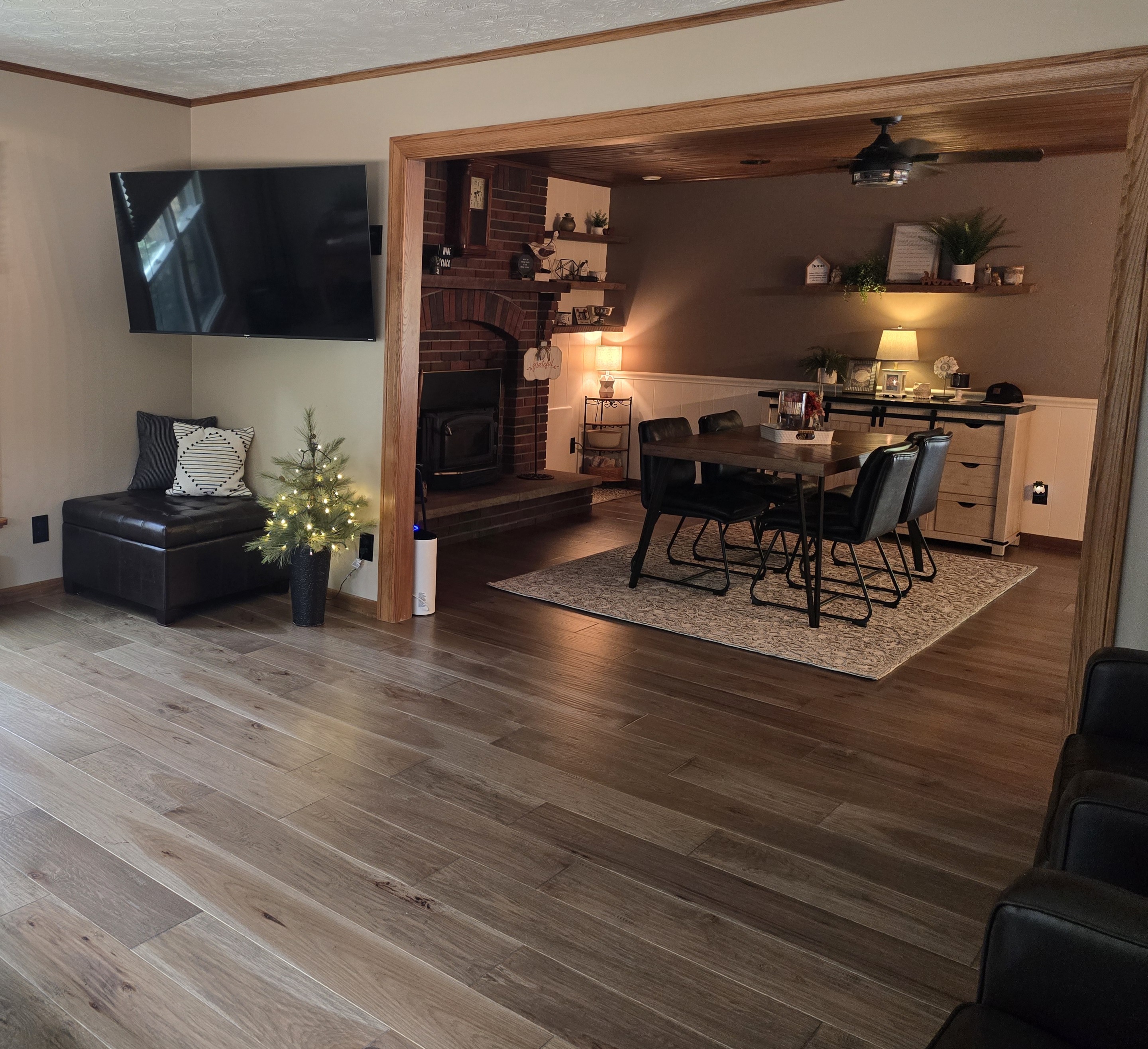 Living room with prefinished character hickory with old mill scrape in Dover, Ohio