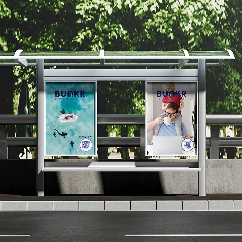 Transit shelter advertising campaign featuring branded environmental graphics for a cybersecurity technology startup designed by Gryphon Design Strategy.