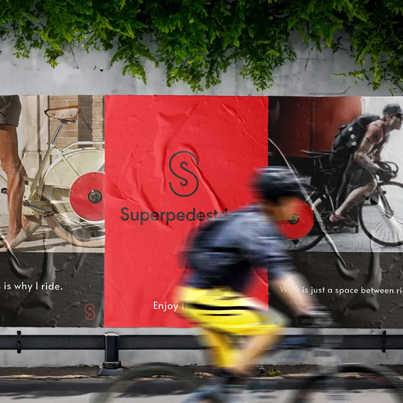 Superpedestrian campaign poster promoting urban mobility and innovation.