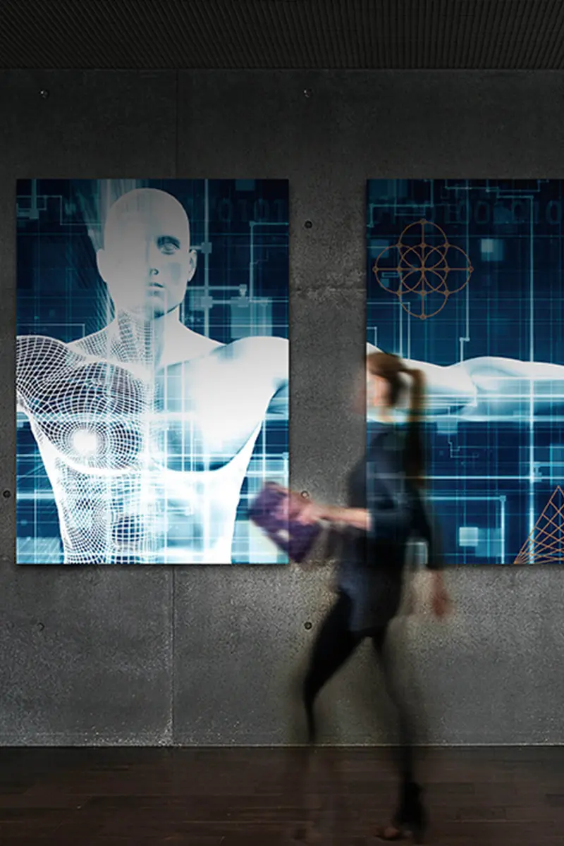 Large-format environmental branding created by Gryphon Design Strategy for NantHealth, transforming complex concepts in precision medicine, genomic testing, and digital healthcare into an immersive visual experience. Installed within the corporate environment, the artwork reinforces NantHealth's leadership in healthcare innovation while making advanced medical technology more approachable for employees, partners, and visitors.