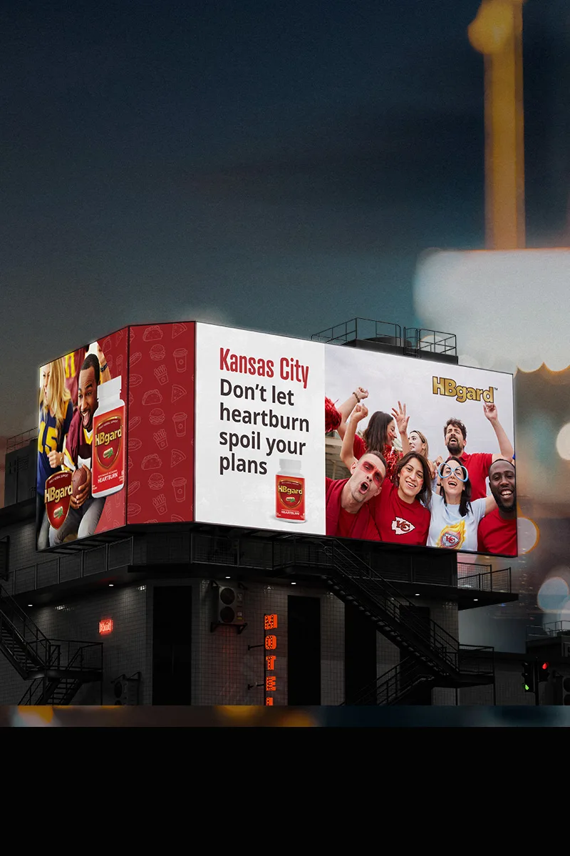 Large digital billboard campaign featuring Nestlé Gut Health branding and environmental graphics created by Gryphon Design Strategy.