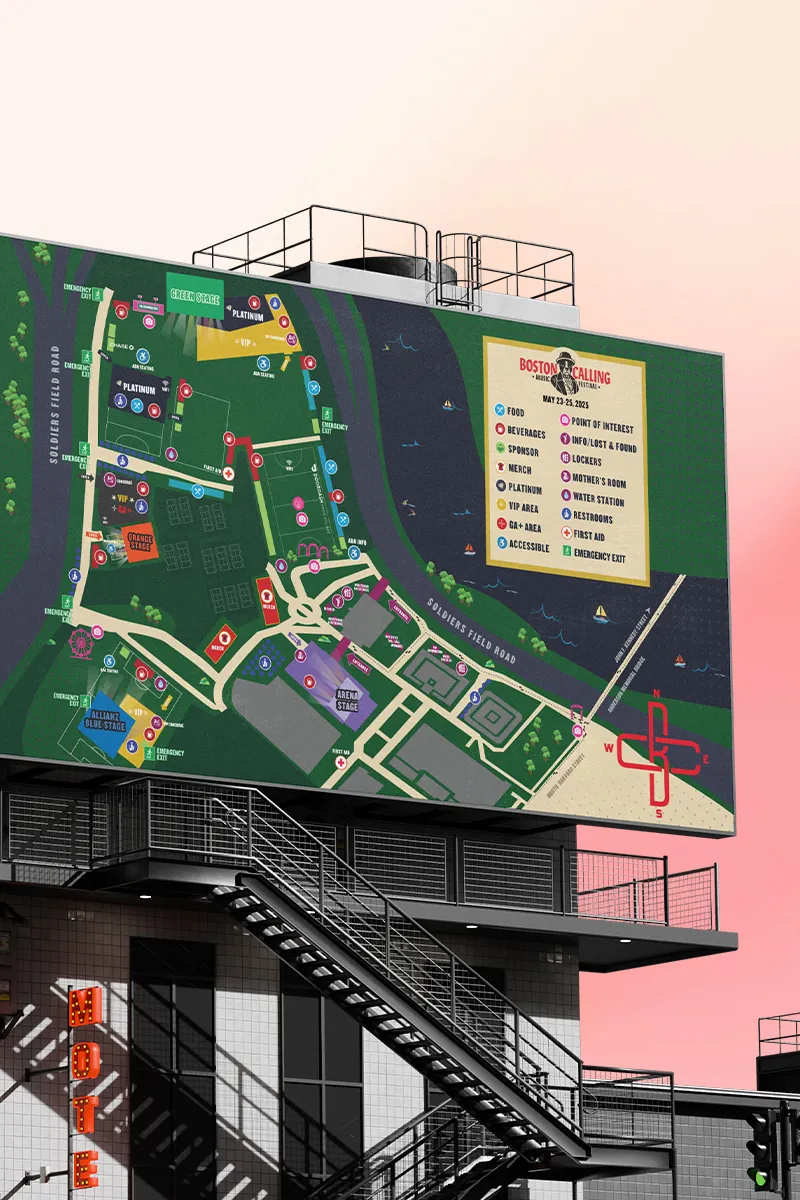 Large-scale environmental graphics and event wayfinding system demonstrating Gryphon Design Strategy's expertise in brand strategy, information design, and experiential environments.